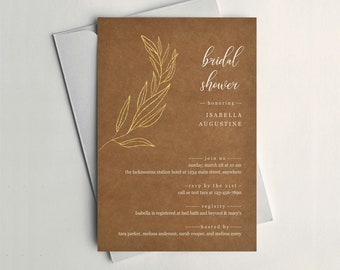 Bridal Shower Invitation Template - Printable Minimalist Leaves Greenery Wedding Shower Invite - Kraft Paper Instant Download Digital File