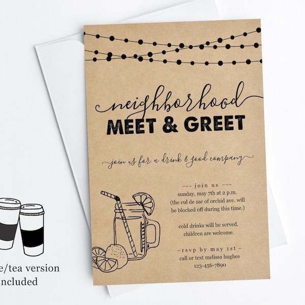 Neighborhood Meet & Greet Invitation Template, Printable Meet the Neighbors Party Invite Evite, Instant Download Digital File Editable PDF