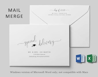 Graduation Address Envelope Template Microsoft Word Mail Merge, Printable Class of 2026 Grad Calligraphy Instant Download Digital File A7 A9