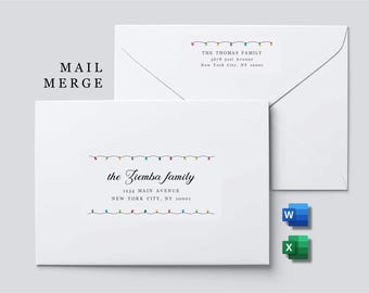 May include: Two white envelopes featuring rectangular address labels with a string of colorful holiday lights printed above and below the text. The labels display family names and addresses, with Microsoft Word and Excel icons nearby.