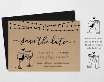 Wine & Beer Save the Date Card Printable Template, Red White Wine Toast, Kraft Paper, Easy Editable Instant Download Digital File 5x7 PDF