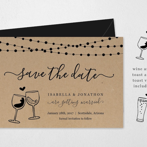 Wine & Beer Save the Date Card Printable Template, Red White Wine Toast, Kraft Paper, Easy Editable Instant Download Digital File 5x7 PDF