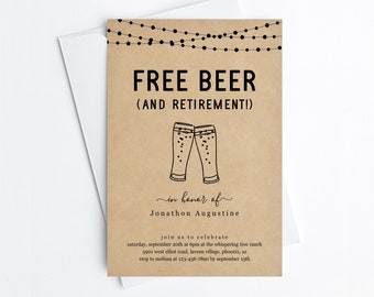 Free Beer Funny Retirement Party Invitation Template, Fun Printable Man Woman Beer Brewery Surprise Invite Evite, Instant Download Digital