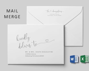 Wedding Address Envelope Template Microsoft Word Mail Merge, Printable Heart Calligraphy Instant Download Digital File A7, Christmas