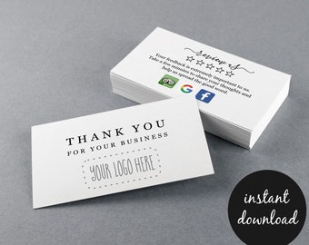 Review Request Thank You Business Card w- Icons Printable Template, Review Us Invitation Google Trip Advisor Facebook Logo, Instant Download