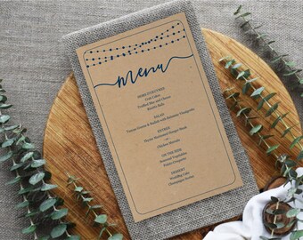 Printable Navy Wedding Menu Template - Rustic String Lights, Calligraphy Bar Menu on Kraft Paper, Editable DIY Digital File Instant Download