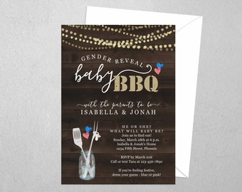 Gender Reveal BBQ Invitation Template - Printable He or She Rustic Party Invite - Instant Download Digital File PDF Barbecue Barbeque