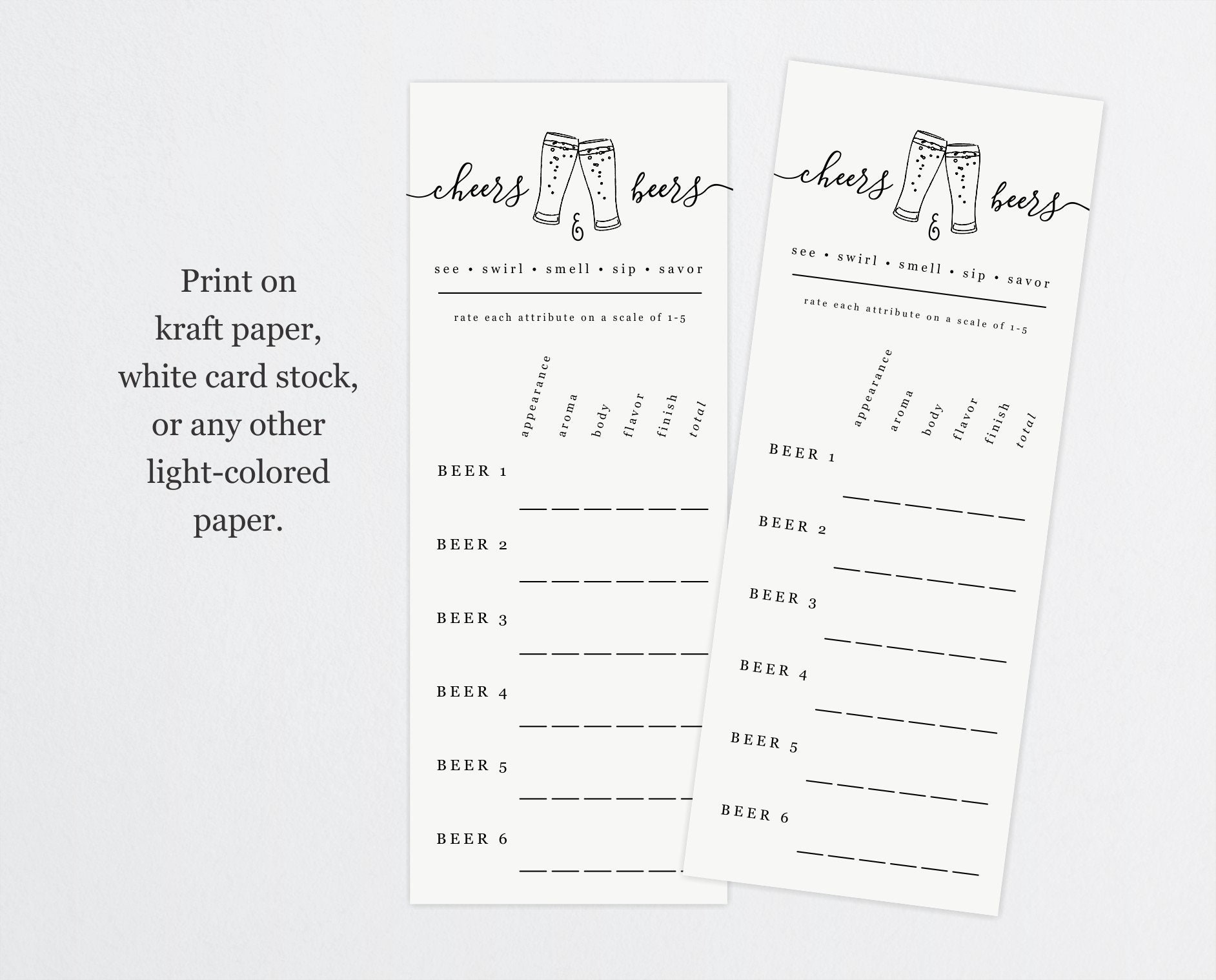 Printable Beer Tasting Card, Score Card Scorecard Note Rack Card Sheet