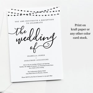 May include: Black and white wedding invitation with string lights at the top. The invitation reads "You are invited to a reception to celebrate the wedding of Isabella Jones and Jonathon Augustine. Join us for an evening of dinner and dancing Sunday, the eighth of January, two thousand twenty three. Six o'clock in the evening. The Lackawanna Station Hotel 1234 Main Street in Phoenix, Arizona. Please RSVP by the first of January to 123-456-7890."