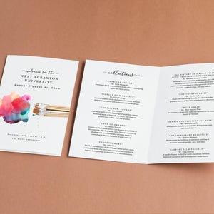 May include: Welcome to the West Scranton University Annual Student Art Show, December 10th, 2017, 4 pm to 7 pm, The Marie Anderson Auditorium.  The brochure lists various art collections including "American People", "Library Film Project", "The Further Lovers", "Land of Dreams", "Extraordinary Realities", and "Library Film Project".