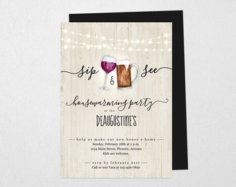 Wine & Beer Housewarming Invitation Template, Printable Sip and See House Warming Party Invite, Funny Instant Download Digital File PDF