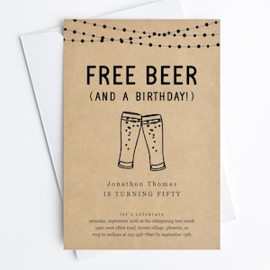 Modèle gratuit d’invitation à une fête d’anniversaire pour adulte drôle de bière, invitation de brasserie imprimable amusante Evite, 30e 40e 50e 60e homme femme téléchargement numérique