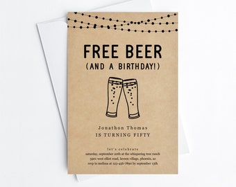 Free Beer Funny Adult Birthday Party Invitation Template, Fun Printable Brewery Invite Evite, 30th 40th 50th 60th Man Woman Download Digital