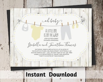 Rustic Baby Shower Invitation Gender Neutral - Printable Template - Instant Download Digital File PDF - Yellow & Gray Onesies on Clothesline