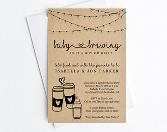 Baby Brewing Gender Reveal Party Invitation Template - Printable Coffee Tea Theme Casual Kraft Invite Evite Instant Download Digital File