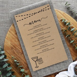 Modèle de menu de cocktails imprimable, menu de bar à cocktails, dégustation de cocktails, menu de boissons, papier kraft rustique, fichier numérique à téléchargement instantané PDF