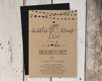 Bubbles & Brews Bachelorette Party Invitation Template, Champagne Beer Hens Party, Brewery Invite Instant Download Digital File, Kraft Paper