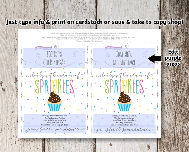 Cupcake Invitation Girls Party Printable Template Birthday | Etsy