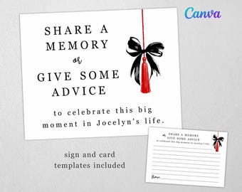 Plantillas de letreros y tarjetas para fiestas de graduación con lazos y borlas con los colores de la escuela, para compartir recuerdos o dar consejos. Edita en Canva. Descarga instantánea.