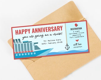 Anniversary Cruise Gift Certificate for Him or Her, Printable Fake Boarding Pass Ticket Gift Voucher Template, Editable Download File