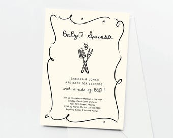 Baby BBQ Sprinkle Invitation, Printable Gender Neutral BabyQ Baby Shower Invite for Second Third Fourth Baby, Hand Drawn Doodles Download