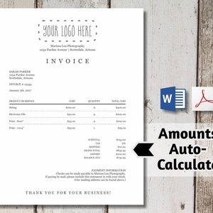 May include: A black and white invoice template with the text "YOUR LOGO HERE" at the top. The invoice is for Sarah Parker and includes a list of products and services with their corresponding costs and quantities. The invoice also includes a subtotal, tax, shipping, grand total, deposit, and balance due.