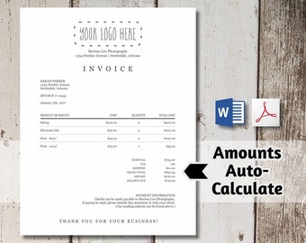 Printable Invoice Template - AUTO-CALCULATES - Word, PDF Download -  Business Photographer Photography Simple Form Receipt Billing Statement