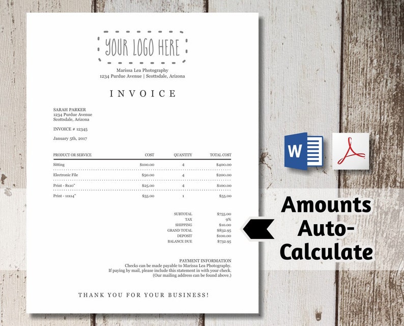 May include: A black and white invoice template with the text "YOUR LOGO HERE" at the top. The invoice is for Sarah Parker and includes a list of products and services with their corresponding costs and quantities. The invoice also includes a subtotal, tax, shipping, grand total, deposit, and balance due.