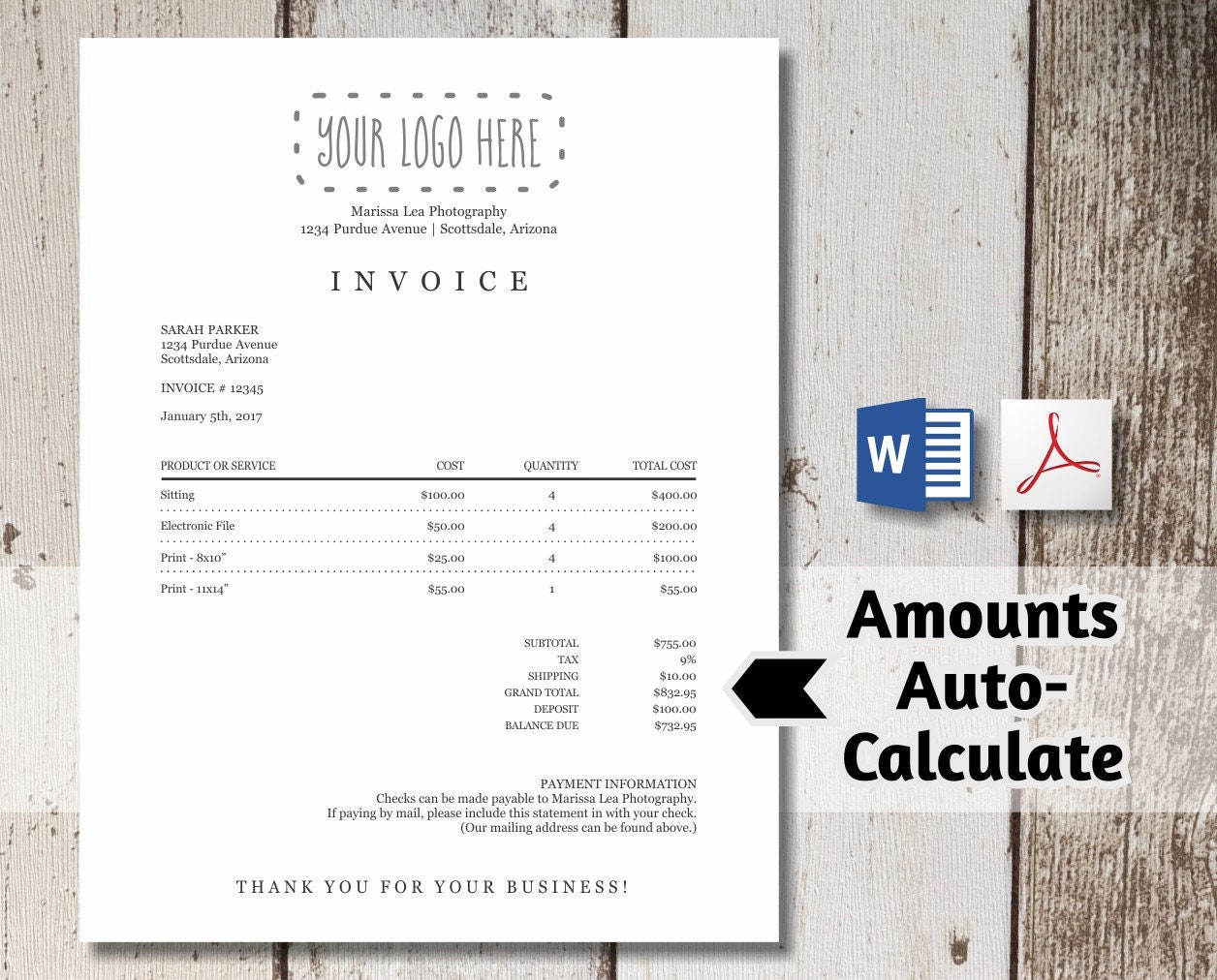 printable invoice template auto calculates word pdf download business photographer photography simple form receipt billing statement