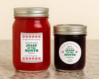 Jelly of the Month Club Labels - Personalized 2" Round and Rectangle, Fun Christmas Vacation Jam Stickers - Water & Oil Resistant