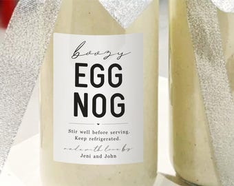 Homemade Eggnog Labels - Set of 15 Personalized Boozy Spiked Spiced Aged Egg Nog Gift Stickers - Water & Oil Resistant