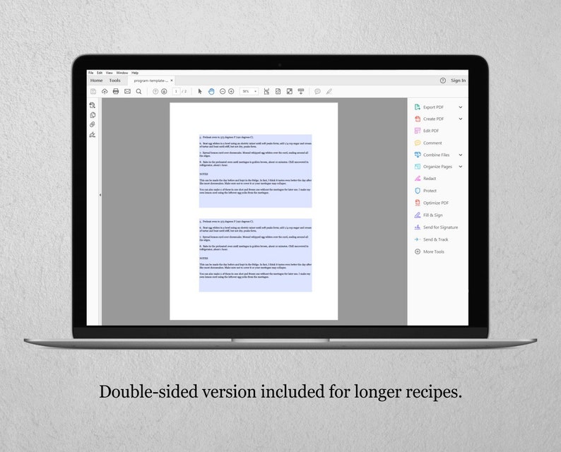 May include: A laptop displays a PDF document with text, likely a recipe or instructions. The screen shows a white document with black text. The laptop is on a light gray surface. The text at the bottom of the screen reads: "Double-sided version included for longer recipes."