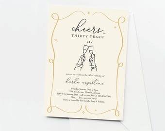 Cheers Birthday Party Invitation Template, Printable Hand Drawn Wine Champagne 21st 21 30th 30 40th 40 50th 50 60th 60 Years Surprise