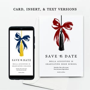 School Colors Bow & Tassel Graduation Save the Date Ecard / Card / Insert Template for Girl's Party Ceremony, Phone Digital Download