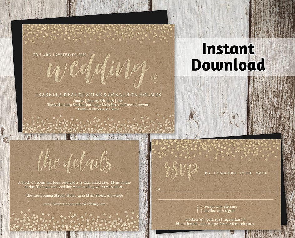 Wedding Invitation Template Printable Set Faux Gold Foil On Kraft
