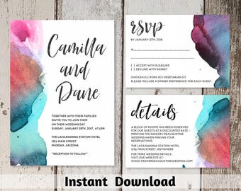 Watercolor Wedding Invitation Template - Printable Wedding Invitation Set - Script - Editable DIY PDF Instant Download Digital File Suite