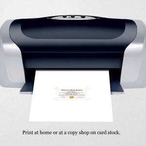 May include: A black and silver printer with a white sheet of paper coming out of the paper tray. The paper has a certificate printed on it with the text "Whatever Brings Me Joy" and a gold seal.