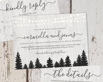 Winter Wedding Invitation Template - Rustic Snow, Pine Tree, Wood Background Printable Set, Editable PDF Instant Download Digital File Suite