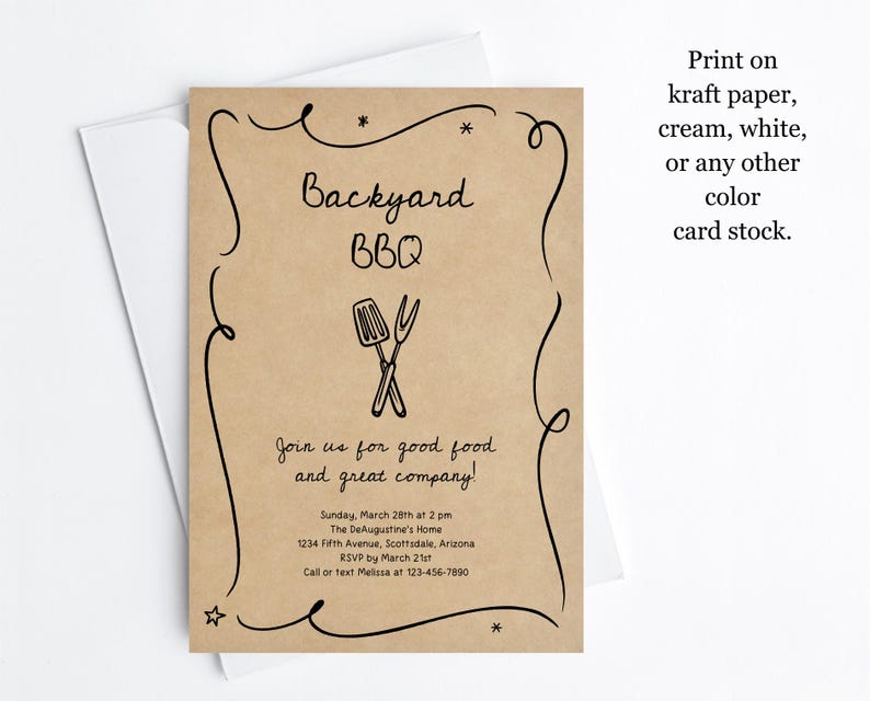 May include: A kraft paper invitation for a Backyard BBQ, featuring black script and a decorative border. The invitation includes details for the event, such as the date, time, and location. The design also includes a spatula and fork graphic.