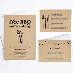 Modèle de faire-part de mariage barbecue drôle, barbecue gratuit amusant imprimable inviter détails RSVP ensemble, barbecue papier Kraft téléchargement Suite de fichiers numériques