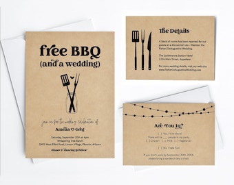 Funny BBQ Wedding Invitation Template, Free BBQ Fun Printable Invite Details RSVP Set, Barbeque Kraft Paper Download Digital Files Suite