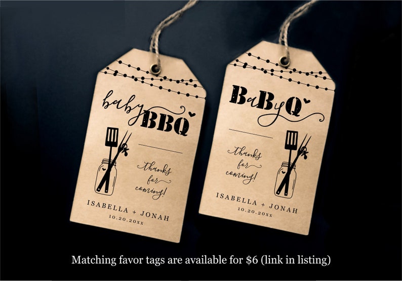 May include: Two brown paper tags with a string attached. The tags have a black and white illustration of a mason jar with a spatula and tongs inside. The text on the tags reads "baby BBQ" and "thanks for coming!" with the names "Isabella + Jonah" and the date "10.20.20xx".
