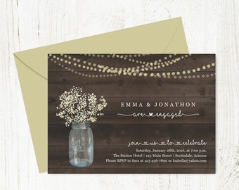 Engagement Party Invitation Template - Printable Rustic Wood, Mason Jar, Fairy String Lights - Instant Download 5x7 Digital File DIY PDF