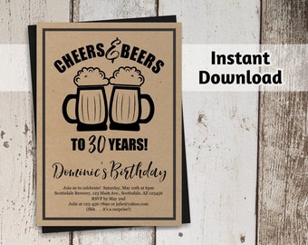 Printable Cheers & Beers Invitation Template - BLACK INK ONLY - Men Birthday Brewery Digital File Instant Download  30th 40th 50th 60th 21st