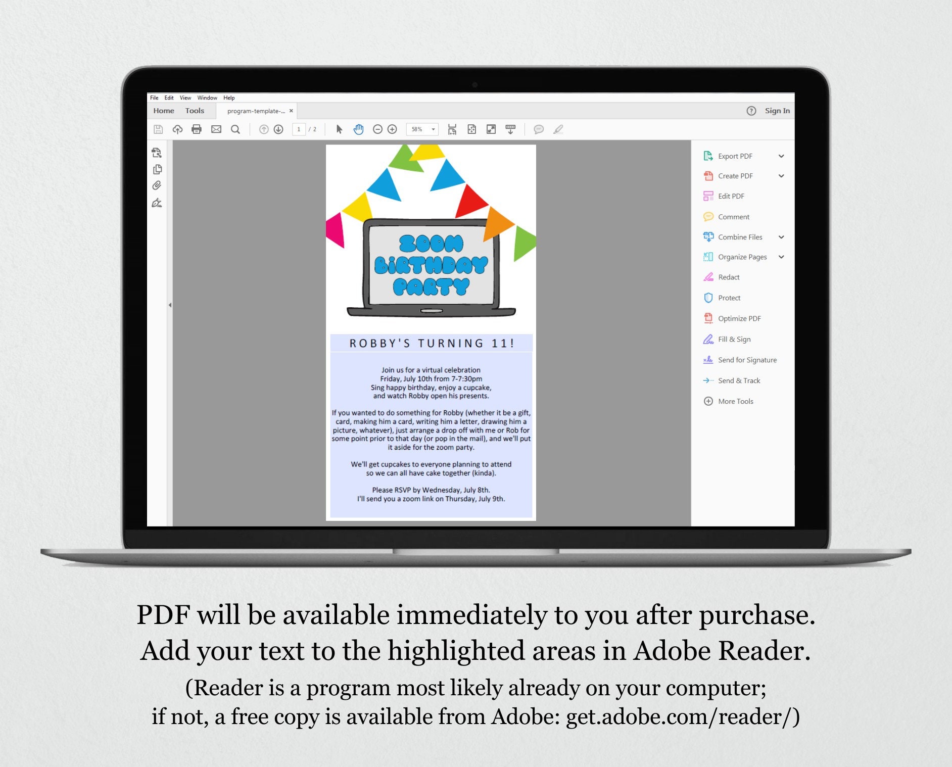 Zoom Birthday Party Invitation Template Extra Wording Etsy