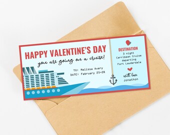 Valentines Day Cruise Gift Certificate for Him or Her, Printable Fake Boarding Pass Ticket Gift Voucher Template, Editable Download File