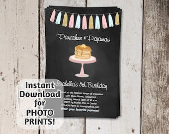 Pancakes & Pajamas Invitation - Birthday Party - Instant Download Digital File - Get photo prints / printable on card stock - chalkboard