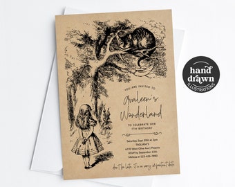 Alice in Wonderland Birthday Invitation Template, Printable Vintage Original Hand Drawn Party Invite Evite Download Digital Bday Text Phone