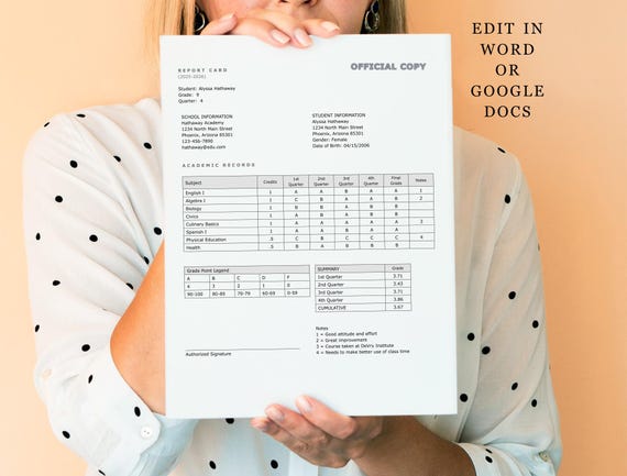 High School Report Card Template, Printable Editable Homeschool File for Microsoft Word & Google Docs, Fillable Digital Download