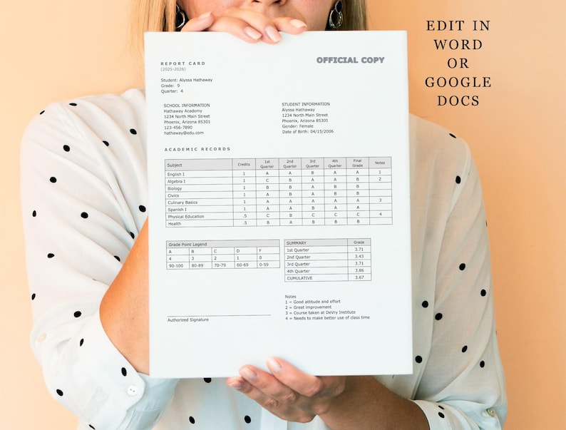 May include: A white report card with the title "Report Card" and "Official Copy" printed at the top. The report card shows a student's academic record with grades for subjects like English, Algebra, Biology, and more. The report card also includes a grade point legend and a section for authorized signature.